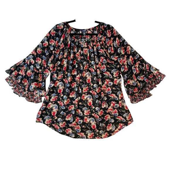 Chaps Top Womens 1X Floral Tiered Bell Sleeves Dark Cottagecore Peasant Country - Picture 1 of 7